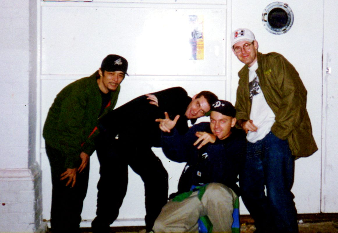 DJ Shadow, DJ Krush, James Lavelle, and Fraser Cooke outside of the Brighton gig.